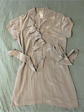 Tabitha Ruffled Tie-Waist Mini Dress in light lavendar grey taupe